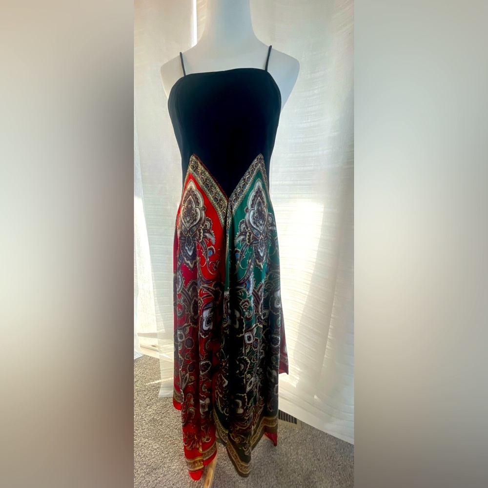 Vintage Y2K very rare geometric Scarf Satin Jersey bodic maxi dress 9/10